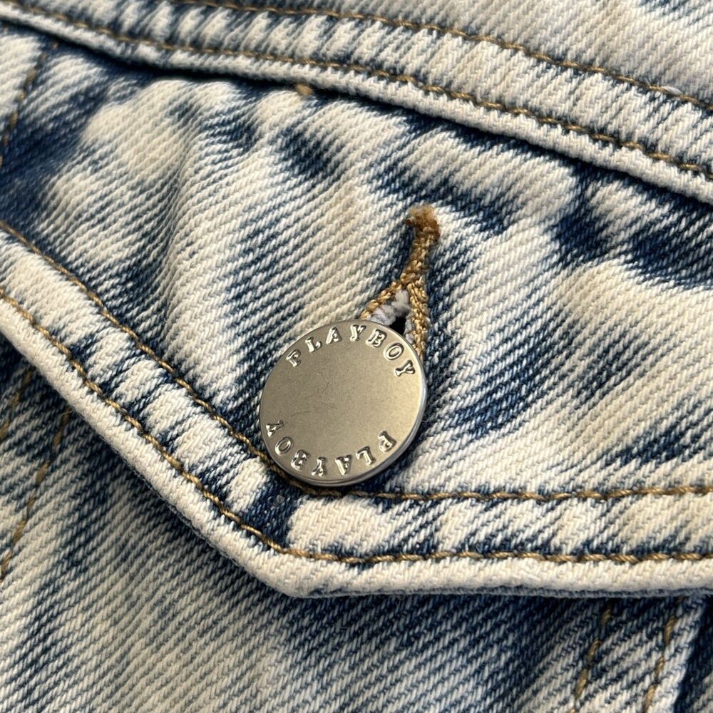 Playboy X Pacsun Cropped Jean Jacket Frayed Hem Acid Wash Women's Large - Picture 6 of 7